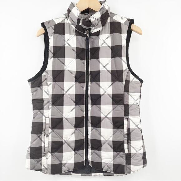 KENSIE Jeans Vest Buffalo Check Quilted Black & White Pockets Zip Up SZ Medium - Picture 1 of 12